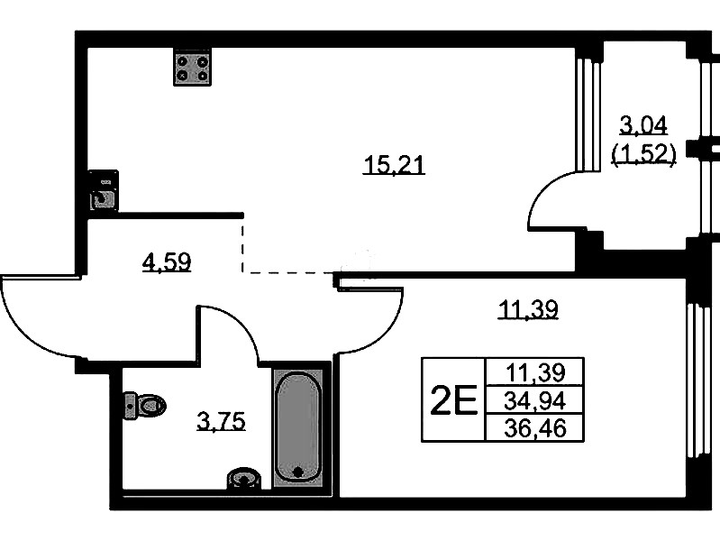 1-комнатная квартира 36.46 м², 10/15 эт., ЖК «GloraX Парголово»